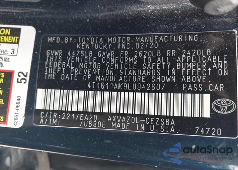 2020 Toyota Camry Se z USA, uszkodzony, nr VIN 4T1G11AK9LU942607